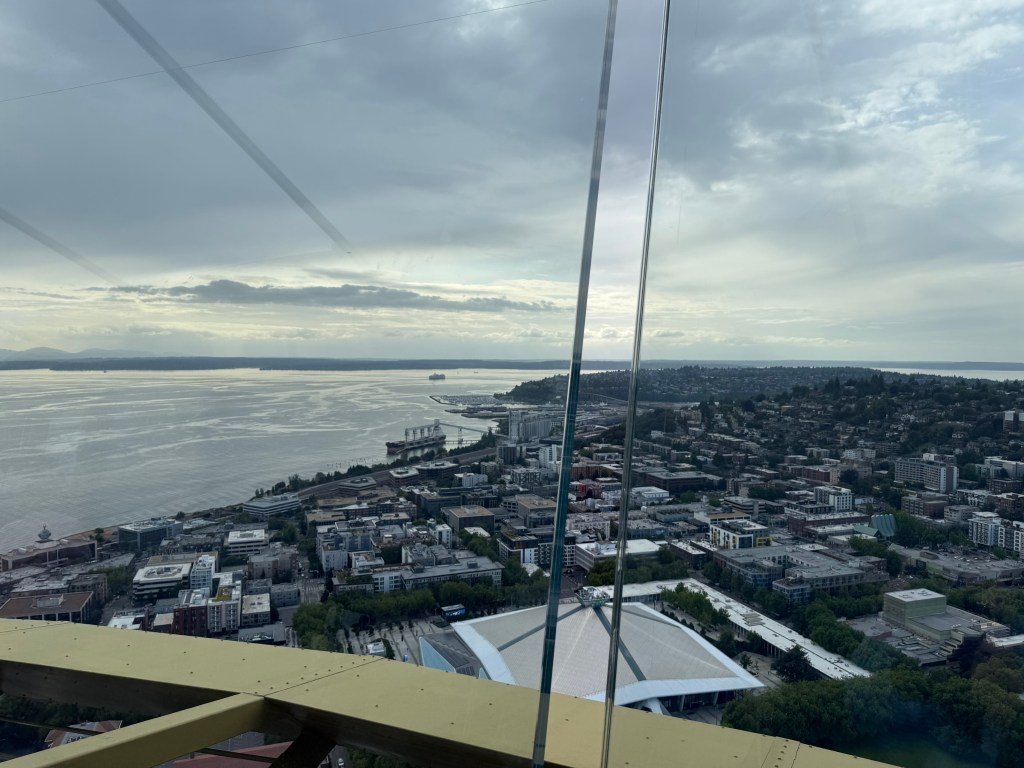 A panoramic view from the Space Needle in Seattle, showcasing the waterfront, city buildings, and distant mountains under a clouded sky.